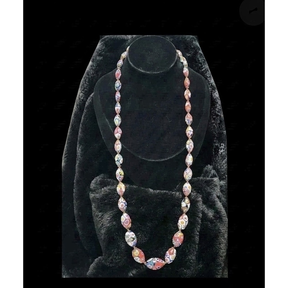 Vintage Murano Venetian Millefiori Glass Bead Necklace 27" Opera Length